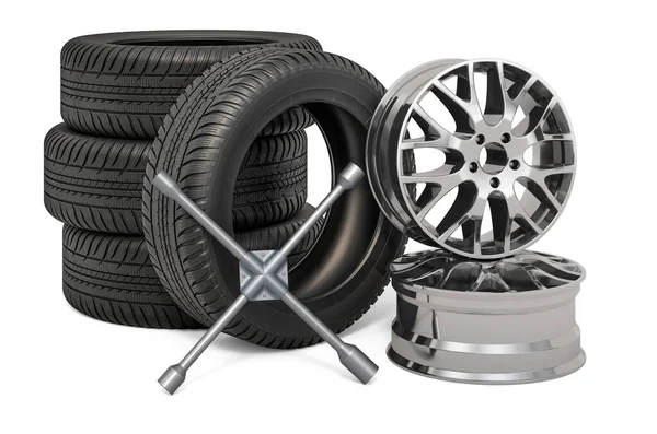 タイヤフィッティングサービスコンセプト ラグレンチ付きの車の車輪とリム 白い背景に隔離された3Dレンダリング — ストック写真