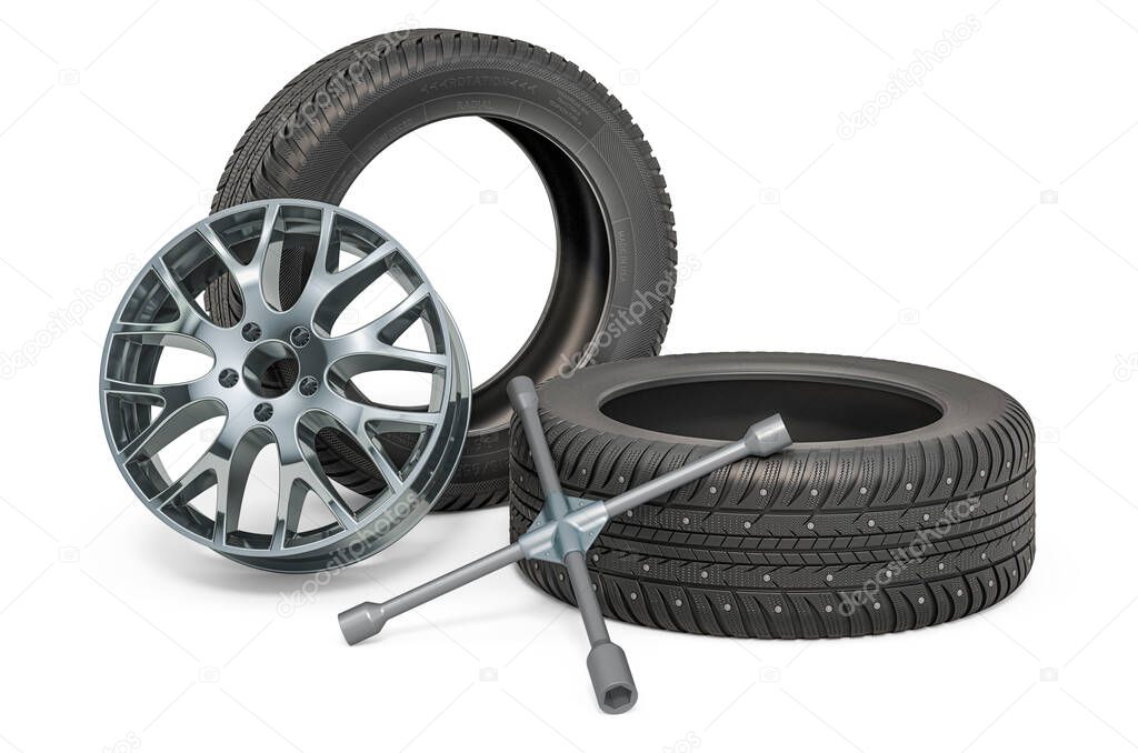 Car tires and rim with lug wrench. Tire Fitting service concept, 3D rendering isolated on white background