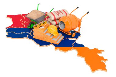 Ermenistan konseptinde inşaat ve inşaat malzemeleri, beyaz arkaplanda 3 boyutlu görüntüleme  