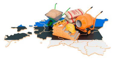 Estonya konseptinde Yapılandırma ve Yapılandırma Malzemeleri, 3D görüntüleme beyaz arka planda izole  