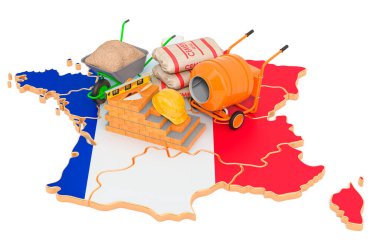 Fransa 'da Yapılandırma ve Yapılandırma Malzemeleri kavramı, 3D görüntüleme beyaz arka planda izole  