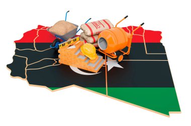Libya konseptinde inşaat ve inşaat malzemeleri, beyaz arka planda 3D görüntüleme  
