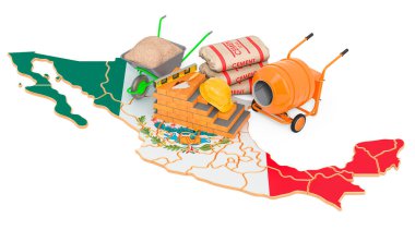 Meksika konseptinde inşaat ve inşaat malzemeleri, beyaz arka planda 3D görüntüleme  