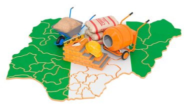 Nijerya konseptinde inşaat ve inşaat malzemeleri, beyaz arkaplanda 3 boyutlu görüntüleme  