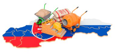 Slovakya konseptinde inşaat ve inşaat malzemeleri, beyaz arkaplanda 3 boyutlu görüntüleme  