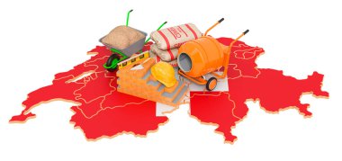 İsviçre konseptinde inşaat ve inşaat malzemeleri, beyaz arka planda 3D görüntüleme  