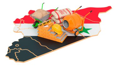 Suriye konseptinde inşaat ve inşaat malzemeleri, 3 boyutlu görüntüleme beyaz arkaplanda izole edildi  
