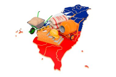 Tayvan konseptinde yapı ve yapı malzemeleri, beyaz arkaplanda 3 boyutlu görüntüleme  