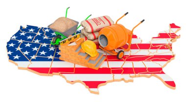 Birleşik Devletler konseptinde inşaat ve inşaat malzemeleri, 3 boyutlu görüntüleme beyaz arka planda izole  