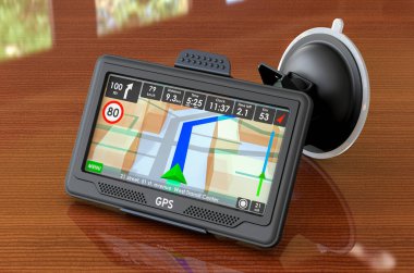Tahta masadaki GPS navigasyon cihazı. 3B görüntüleme 