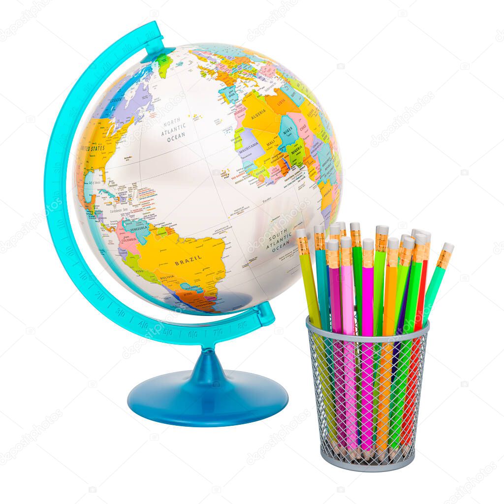Political World Globe and colored pencils in holder. Back to school, education concept. 3D rendering isolated on white background