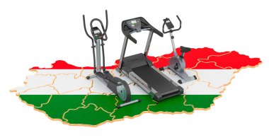 Macaristan 'daki spor kulüpleri. Fitness, Macar haritasında egzersiz aletleri. Beyaz arkaplanda 3B görüntüleme izole edildi
