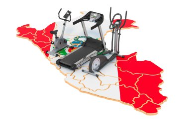Peru 'daki spor kulüpleri. Fitness, Peru haritasında egzersiz ekipmanları. Beyaz arkaplanda 3B görüntüleme izole edildi