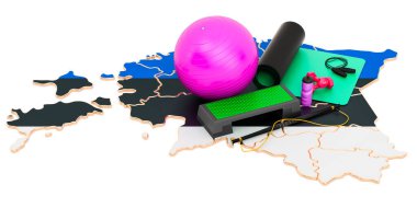 Estonya 'da spor. Estonya haritasında spor aletleri. Beyaz arkaplanda 3B görüntüleme izole edildi