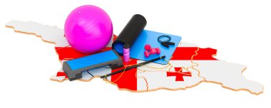 Georgia 'da spor. Gürcistan haritasında spor aletleri. Beyaz arkaplanda 3B görüntüleme izole edildi