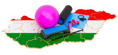Macaristan 'da spor. Macar haritasında spor aletleri. Beyaz arkaplanda 3B görüntüleme izole edildi