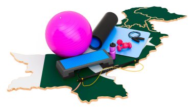 Pakistan 'da spor. Pakistan haritasında spor aletleri var. Beyaz arkaplanda 3B görüntüleme izole edildi