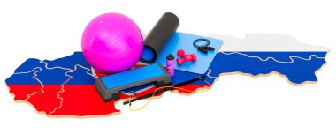 Slovakya 'da spor. Slovak haritasında spor aletleri. Beyaz arkaplanda 3B görüntüleme izole edildi