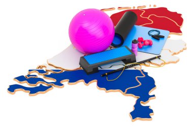 Hollanda 'da fitness. Hollanda 'da spor malzemeleri. Beyaz arkaplanda 3B görüntüleme izole edildi