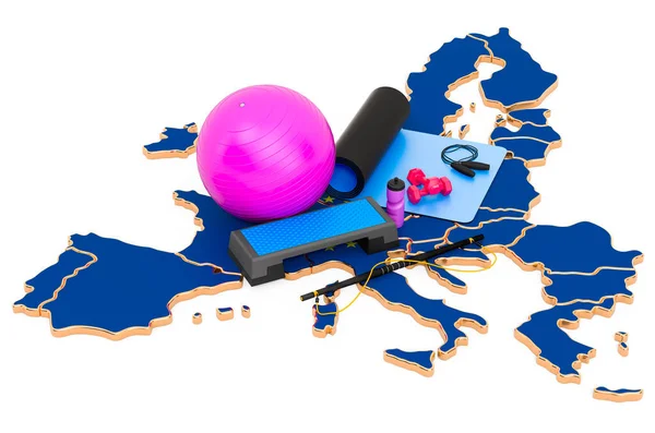 欧州連合でフィットネス Eu地図上のジム機器 白い背景に隔離された3Dレンダリング — ストック写真