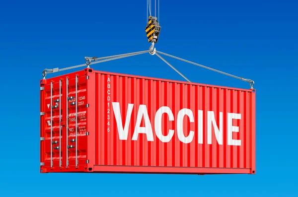 Vaccine Shipping Concept Cargo Container Vaccine Hanging Crane Hook Rendering — Stock Photo, Image