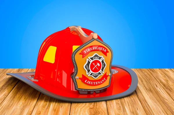 消防员Helmet坐在木制桌子上 3D渲染 — 图库照片