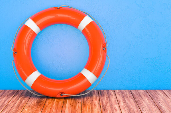 Lifebuoy on the wooden table. 3D rendering