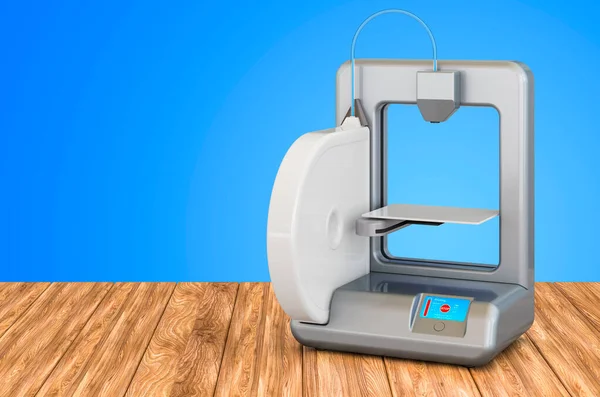 现代3D打印机在木制桌子上 3D渲染 — 图库照片