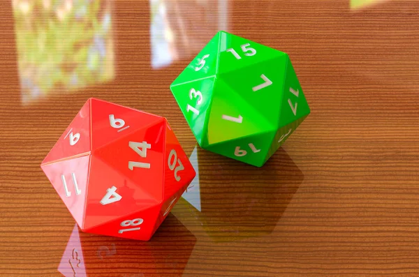 Red Twenty Sided Die Sides Wooden Table Rendering — Stock Photo, Image