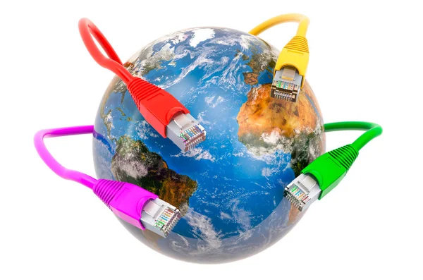 Lanケーブルで地球グローブ 世界的なインターネット接続の概念 白い背景に隔離された3Dレンダリング — ストック写真