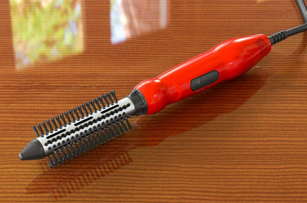 Hair Dryer Hot Air Brush Wooden Table Rendering — Stock Photo, Image