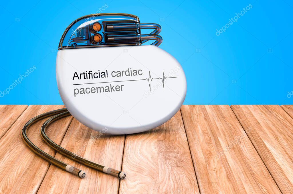 Artificial cardiac pacemaker on the wooden table, 3D rendering