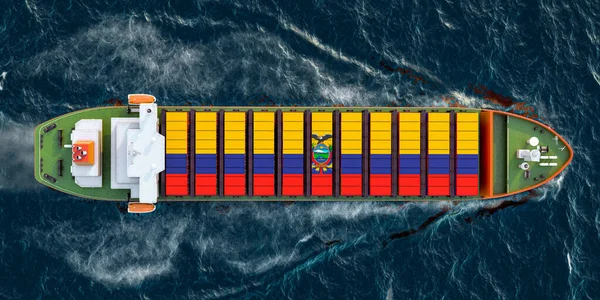 Вантажний Корабель Еквадорськими Вантажними Контейнерами Пливуть Океані Рендеринг — стокове фото
