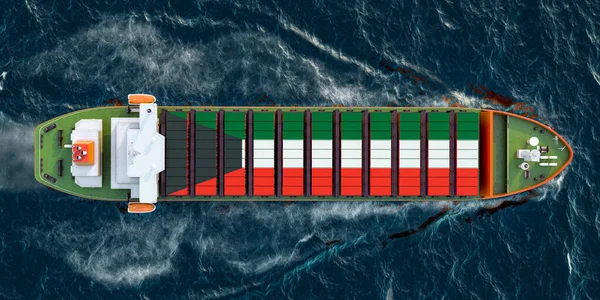海上を航行するクウェートの貨物コンテナとの貨物船 3Dレンダリング — ストック写真