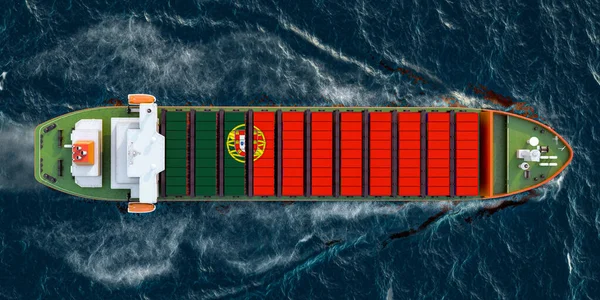 Frachter Mit Portugiesischen Frachtcontainern Auf Hoher See Rendering — Stockfoto