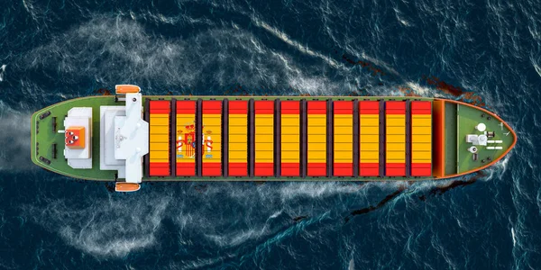 海上を航行するスペインの貨物コンテナを搭載した貨物船 3Dレンダリング — ストック写真
