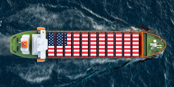 Birleşik Devletler Kargo Konteynırlarıyla Dolu Bir Yük Gemisi Okyanusta Hareket — Stok fotoğraf