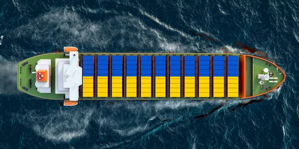 Navio Carga Com Contêineres Carga Ucranianos Navegando Oceano Renderização — Fotografia de Stock