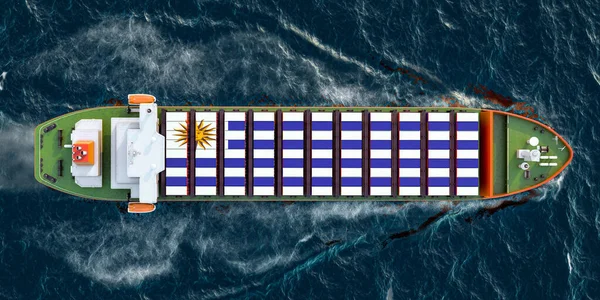 Frachter Mit Uruguayischen Frachtcontainern Auf Hoher See Rendering — Stockfoto