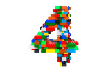 Renkli oyuncak bloklarından 4 numara, beyaz arkaplanda 3 boyutlu görüntüleme