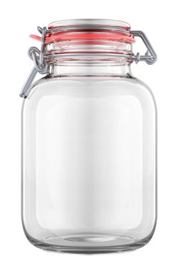 Kapağı kapalı boş cam kavanoz, beyaz arkaplanda 3 boyutlu görüntüleme