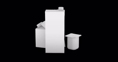 Boş paket seti. Karton kutular, tetra paketi, yoğurt kabı ve süt ürünleri için üçgen paket ya da meyve suyu döndürme animasyonu sorunsuz bir şekilde çevrilebilir. Şeffaf arkaplanda 3B görüntüleme izole edildi