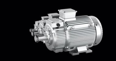 Farklı boyutlarda endüstriyel elektrikli motorlar. Döndürme animasyonu, kusursuz döngü. Şeffaf arkaplanda 3B görüntüleme izole edildi