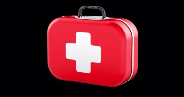 Kırmızı ilk yardım çantası, rotasyon animasyonu, kusursuz döngü. Şeffaf arkaplanda 3B görüntüleme izole edildi