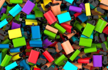 Farklı renklerde parlak elektronik aletler. Rastgele dağınık, 3D görüntüleme.