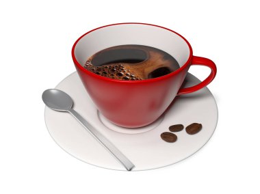 Kırmızı bir plaka üzerinde kahve çekirdekleri ile kahve fincan