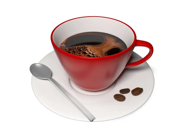 Kırmızı bir plaka üzerinde kahve çekirdekleri ile kahve fincan