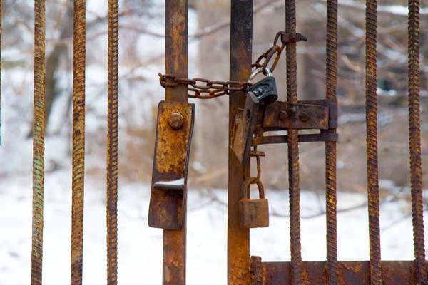 Una gran cerradura metálica con una gruesa cadena metálica pesa en una puerta de hierro . —  Fotos de Stock