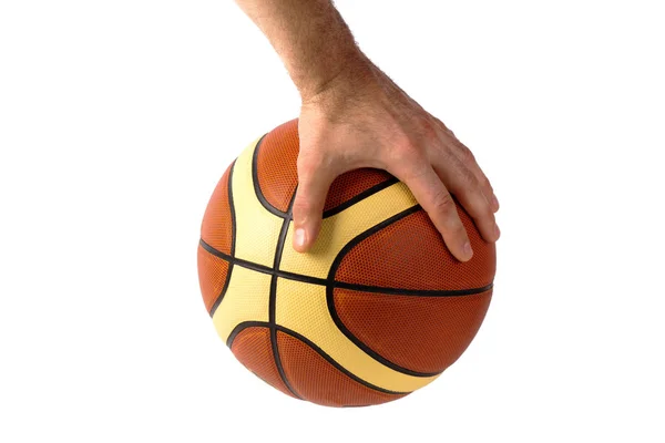 Ręka sięgania koszykówki na białym tle — Zdjęcie stockowe
