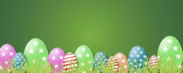 Easter concept. Green grass, easter eggs and web banner background — Stock Photo, Image